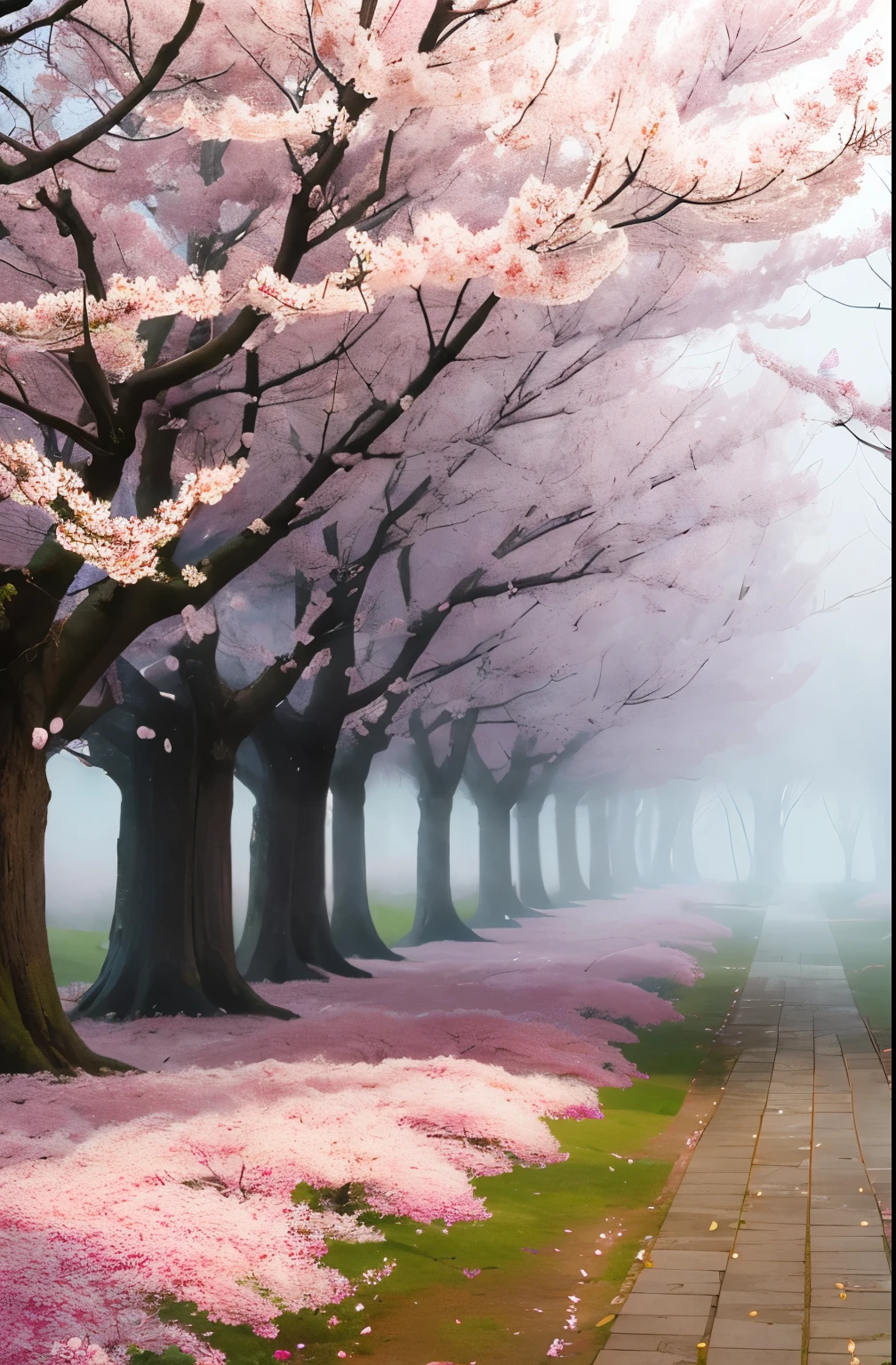 there is a tree with pink flowers in the foggy area, extremely beautiful and ethereal, spring early morning, misty garden, incredibly ethereal, cherry blossom forest, cherry blossom, cherry blossoms, flowers and trees, detailed trees in bloom, cherry blossom tree, cherry tree in the background, by Xie Shichen, by Cheng Jiasui, very ethereal, beautiful!!!!!!!!!