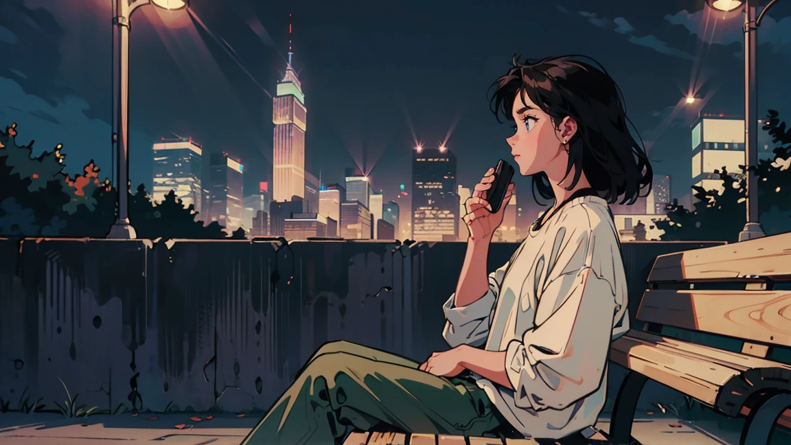 highest quallity, 8k, 1990s style,2010s hairstyles, 21 years old, Bblack hair, medium hair, lightbrown eyes, city pop, pants ,Relaxing on a park bench at night, all-body, The background is a park at night,Call on a cell phone、beautiful profile and by her side a man
