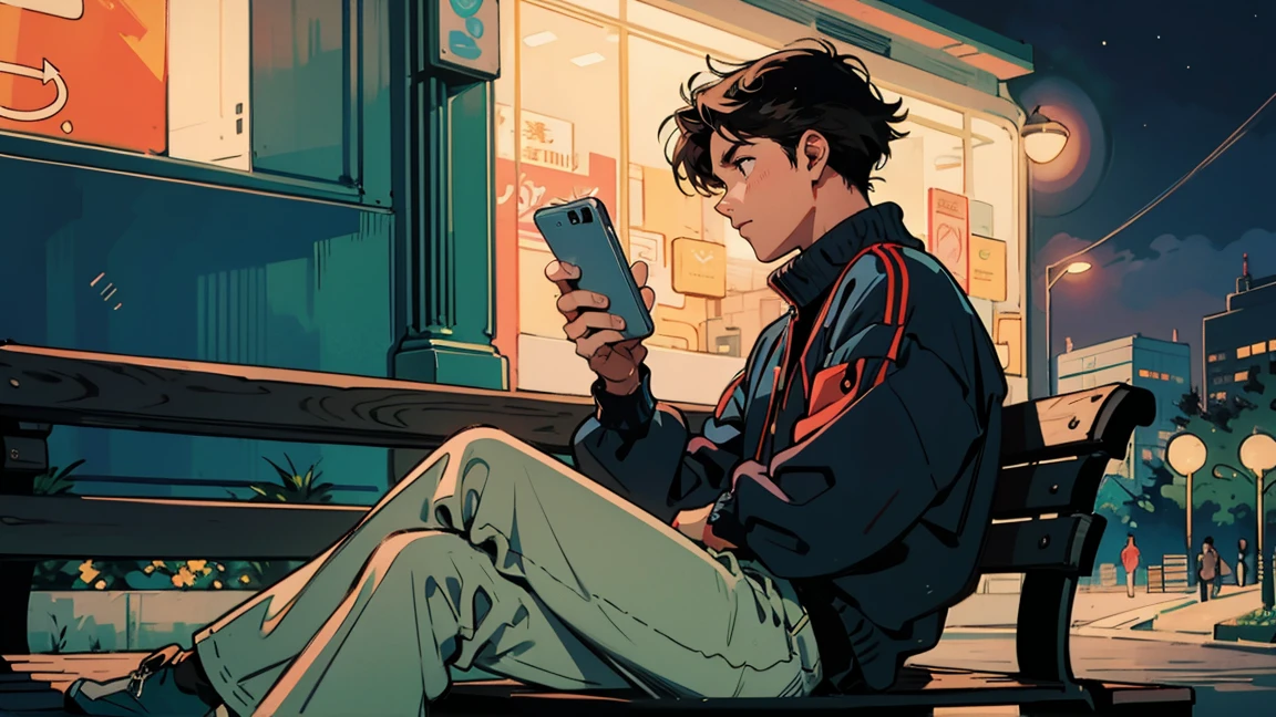 highest quallity, 8k, 1990s style,2010s hairstyles,  21 years old, Bblack hair, medium hair, lightbrown eyes, city pop, pants ,Relaxing on a park bench at night, all-body, The background is a park at night,Call on a cell phone、beautiful profile and by her side a man