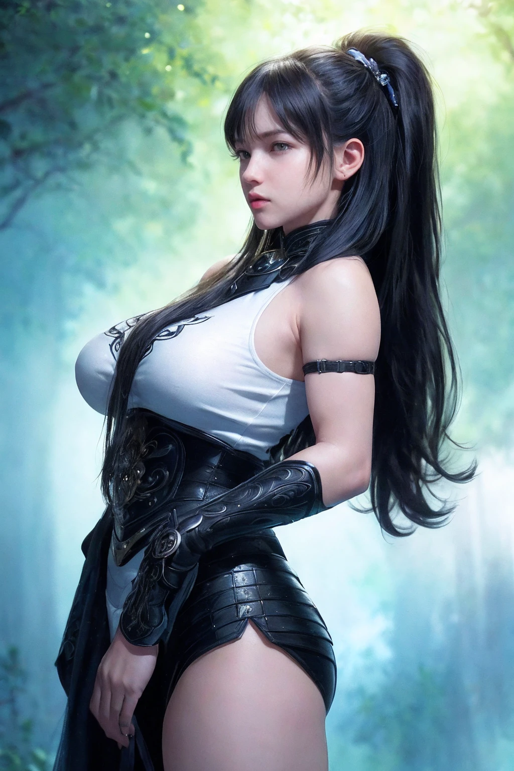 1girl, depth of field, official art, unity 8k wallpaper, ultra detailed, illustration, beautiful and aesthetic, masterpiece, best quality, knight, (big breasts), (milf, mature female), (black armor, armor, breastplate), beautiful face, (long hair, black hair,  very straight hair:1.4, hime cut:1.4), blue eyes, cowboy shot, glowing skin, back lighting, athletic figure, muscular female, curvy, wide hips, colorful, looking at viewer, Hyperrealistic, gradient background, dark background, outline, fantasy, from the front, watercolor, traditional media, (chromatic aberration, intricate details)