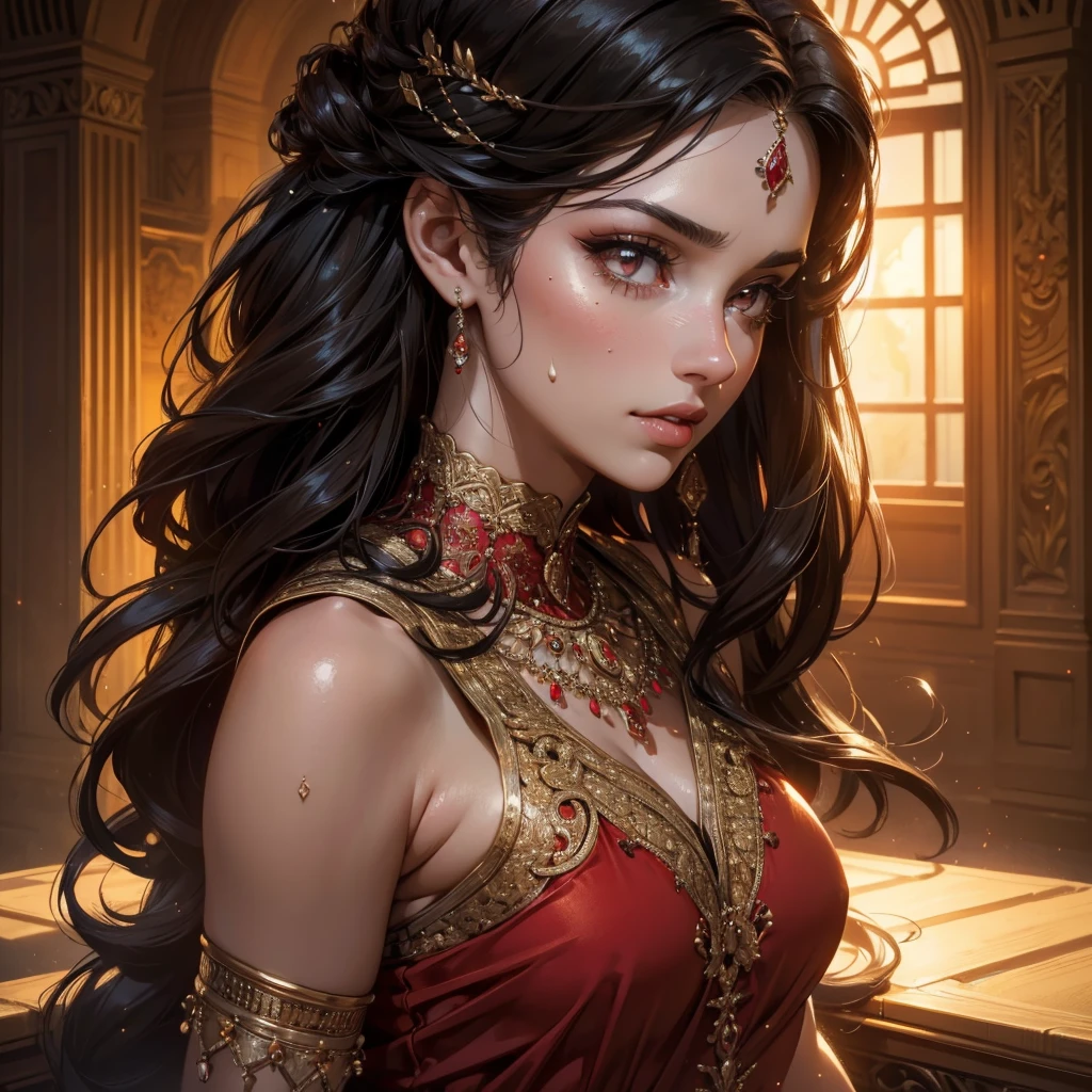 a beautiful princess wearing a red sharara, long wavy black hair, visible sweaty armpits, glistening body sweat, big breasts, detailed facial features, beautiful detailed eyes, beautiful detailed lips, extremely detailed eyes and face, long eyelashes, portrait, (best quality,4k,8k,highres,masterpiece:1.2),ultra-detailed,(realistic,photorealistic,photo-realistic:1.37),dramatic lighting, warm color tones, vibrant colors