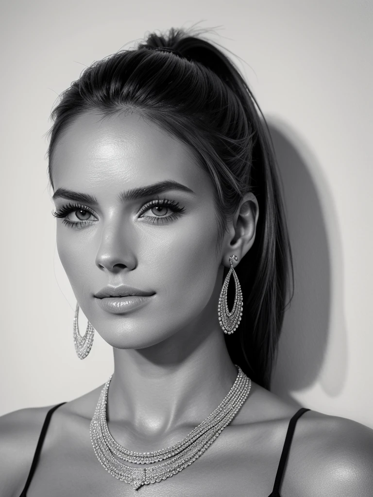 makeup, mascara, black and white, woman 25 years old, stylish, Clean, sharp designs, charcoal drawing, portrait, headshot, beautiful woman, earring, necklace, portrait, pencil drawing portrait, alessandra ambrosio, sara sampiao, chloe bennet