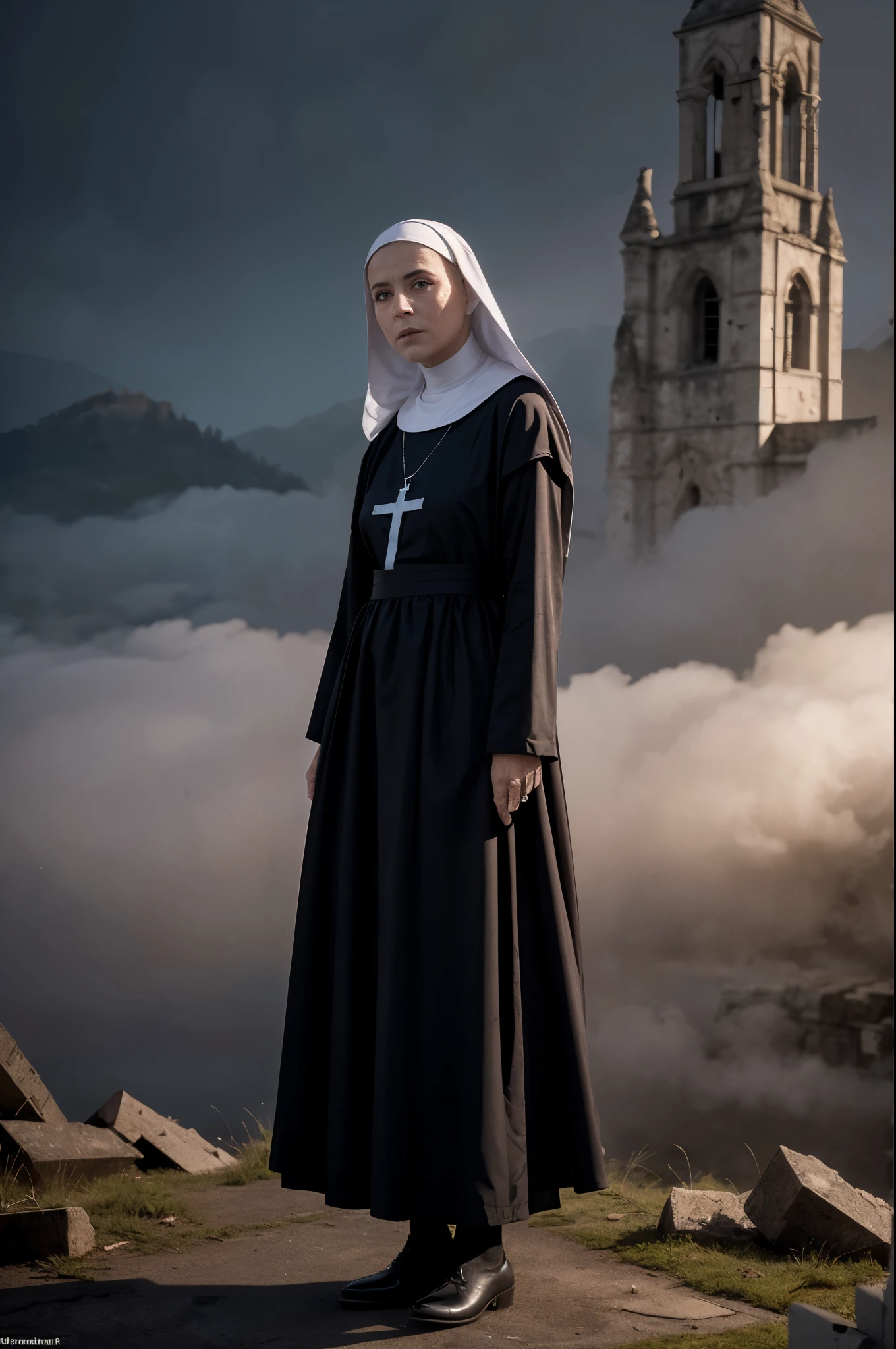 Masterpiece, (a half body shot:1.3), (A beautiful catholic 68 years old nun girl is in the foreground, ultra realistic face, ultra detailed face:1.4), her silhouette stark against the dimly lit backdrop of the ruined abbey. (Wisps of fog swirl around her feet, adding to the sense of isolation and vulnerability:1.2). The abbey itself looms ominously behind her, its once-grand architecture now reduced to decaying ruins. Shadows play tricks on the eye, suggesting hidden figures or lurking dangers within the mist. The overall atmosphere is one of dread and impending peril, as the nun braces herself for whatever horrors the dawn may bring, 8K, ultra high res.photorealistic, UHD