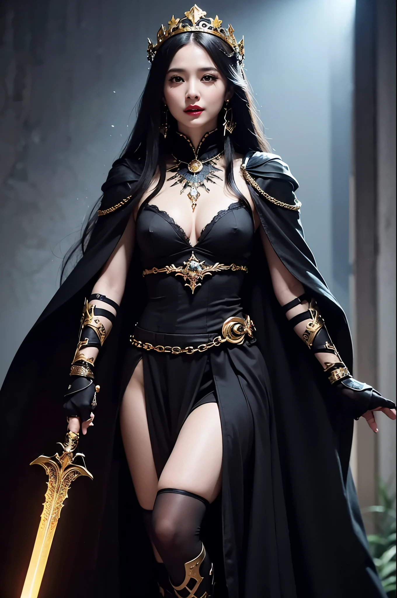 8k,とてもSmall breasts,Long black hair,Close-up of a woman in a black evil god costume holding a one-handed sword, Beautiful fantasy empress, ((Beautiful fantasy empress)), Small breasts , Very detailed, Very detailed , Up to the model | Types of bacteria, Trending on cgstation, Pan Zhenwei Art Station, Gorgeous black cloak,Ultra-high resolution,Ultra-Realistic Skin,Beautiful expression,Fantasy art,Laughter(Like the real thing),非常にSmall breasts ,Straight hair,Golden Eyes,black gemstone earrings,black gemstone necklace,Luxurious black gauntlets,Black lipstick,Black eyeshadow,Evil God Makeup,Dynamic fighting pose,Rich colors, Backlight, Cinema Lighting, Film Grain, to be born, 50mm lens, Nikon D850,Compensate,View your audience,Toned, muscular lower body,Muscular Beauty,compensate,Big smile,Gorgeous black and gold long skirt,