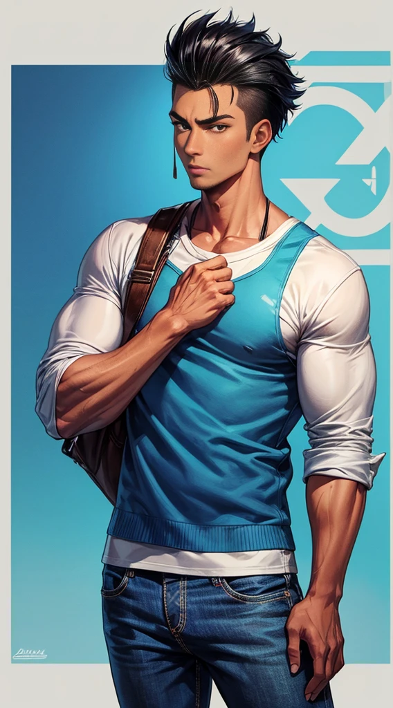 (best quality:1.1),original, 1man, A handsome man with medium skin, native American man with natural hair, short hair, Pumped Slick Back, broad shoulders, tall, masculine, dressed in blue urban clothes and demin jeans, cartoon,anime illustrations, style is abstract beauty, Sundaratang, charming character illustrations, folklore --ar 2:3 --v 6.0
