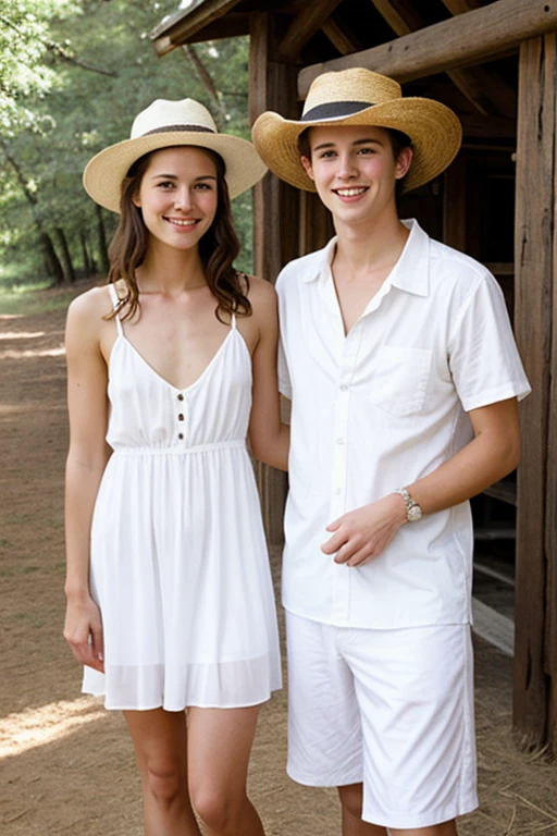 Young handsome cute beautiful white face skinny shirtless naked age 20 to 26 with his grandmother in a white dress in a humble ranch hat