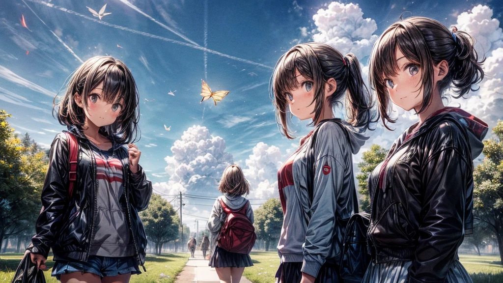A girl wearing over-the-ear headphones,girl facing audience,Chase butterflies on a field path with 2 friends of the same age,2 friends facing butterfly,Sunny day and white clouds