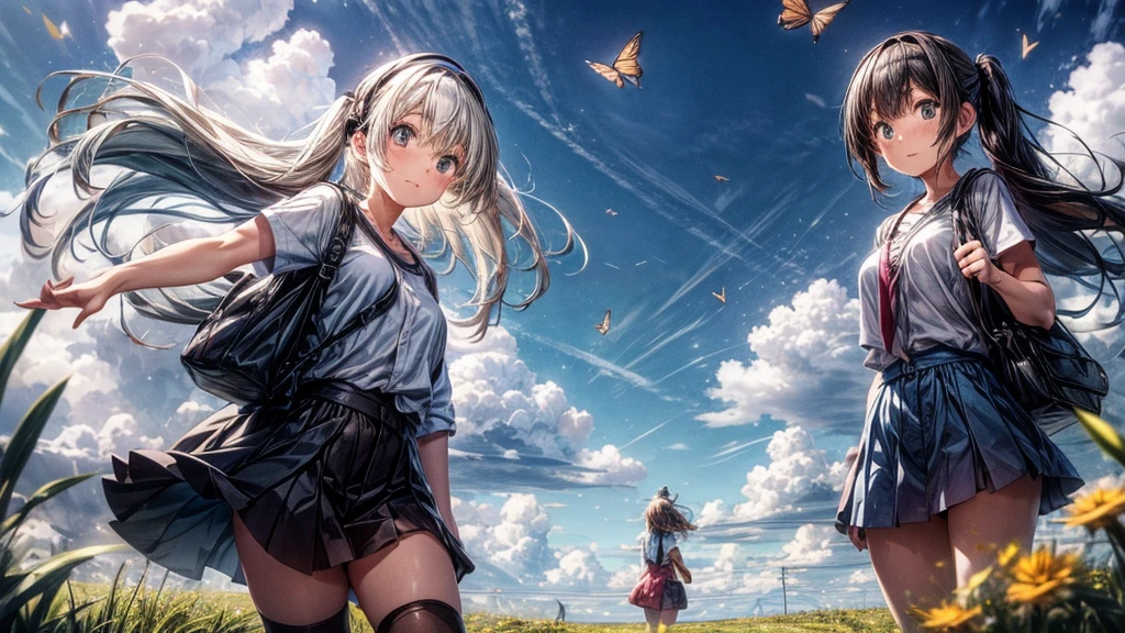A girl wearing over-the-ear headphones,girl facing audience,Chase butterflies on a field path with 2 friends of the same age,2 friends facing butterfly,Sunny day and white clouds