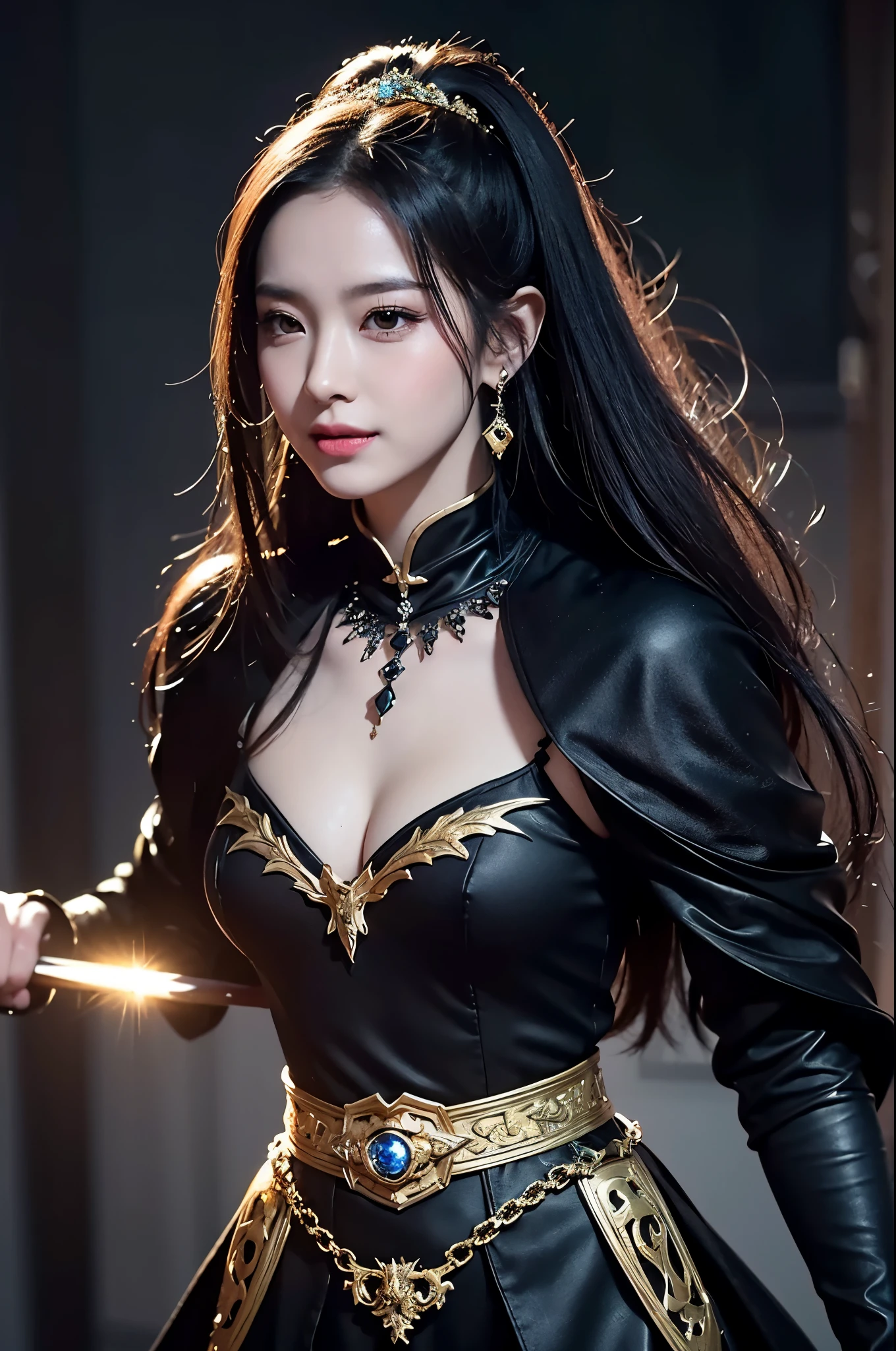 8k,とてもSmall breasts,Long black hair,Close-up of a woman in a black evil god costume holding a one-handed sword, Beautiful fantasy empress, ((Beautiful fantasy empress)), Small breasts , Very detailed, Very detailed , Up to the model | Types of bacteria, Trending on cgstation, Pan Zhenwei Art Station, Gorgeous black cloak,Ultra-high resolution,Ultra-Realistic Skin,Beautiful expression,Fantasy art,Laughter(Like the real thing),非常にSmall breasts ,Straight hair,Golden Eyes,black gemstone earrings,black gemstone necklace,Luxurious black gauntlets,Black lipstick,Black eyeshadow,Evil God Makeup,Dynamic fighting pose,Rich colors, Backlight, Cinema Lighting, Film Grain, to be born, 50mm lens, Nikon D850,Compensate,View your audience,Toned, muscular lower body,Muscular Beauty,compensate,Big smile,Gorgeous black and gold long skirt,
