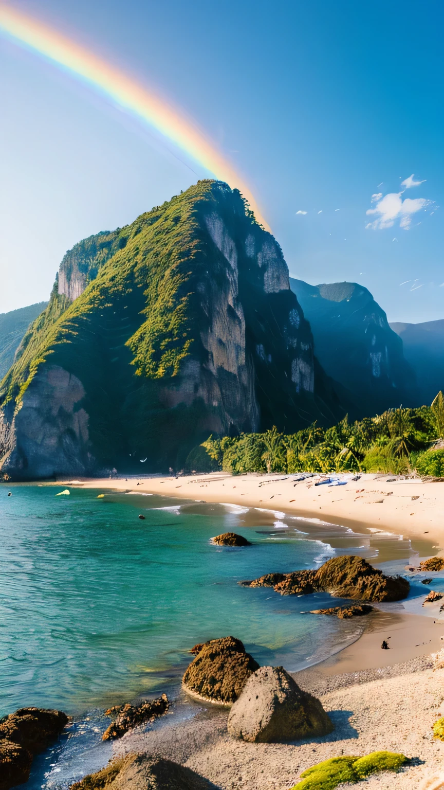 there is a rainbow in the sky over a beach with rocks and pebbles, seashore, Alpine Forest Landscape Photo,Steep mountain roads,Clear and transparent lake,wood,Bushes,Fallen leaves,Dawn Sun,kasumi,Cliffs and mountains,Dilapidated,,cold,Foggy sky,Not a dazzling morning sun,Nightmare vision,Dark fantasy plot,Perfect and excellent composition,8K resolution,detailed,restricted,close ultra-wide angle shot,Realistic,Beautiful sky,Colorful clouds float,True to life, The private parts are clearly visible, Perfect perfection, Digital single-lens reflex camera, 1024, 2048, 4096, Detailed, sharp, Best Quality, high quality, absurdists,Unattended background,Very detailed、Detailed lighting shadows,Art Station Trends、Complex、expensivedetailed、dramatic、(Volumetric Lighting:1.2)HDR shot。(close,Super Depth of Field,Ultra Wide Angle,Microfocal Lenses:1.2)(Realistic:1.4)Masterpiece、expensive、expensive quality、beautiful photo,Global illumination magical beach, sunny rainbow galaxy stormy sea, by Igor Grabar, colorful hd picure, near the seashore, rainbow reflections, just one rainbow 8 k, beach landscape, still of rainbow ophanim, calm vivid colors, by Marie Bashkirtseff, beautiful beach
