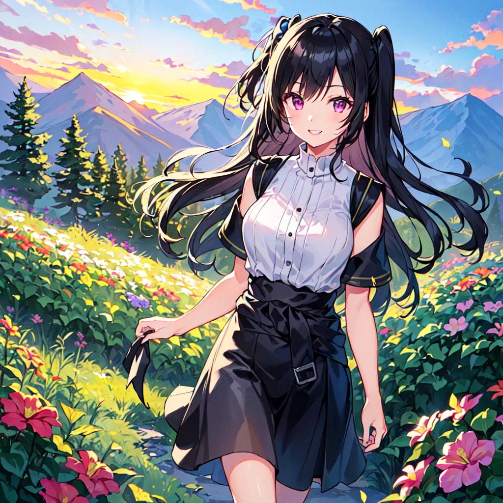 masterpiece, best quality, high quality, extremely detailed, very delicate and beautiful, (1 female 18 years old solo:1.5), (long black hair up to waist with two side up:1.5), bangs to eyebrows, eyes Eyes sharp and strong, glossy, eyebrows glossy, (eye color magenta:1.3), 6.5 head height, (summer mountaineering outfit:1.3), (smiling), (walking:1.3), (dynamic pose), (background summer mountain flowers forest:1.3) ,(sunset:1.3)