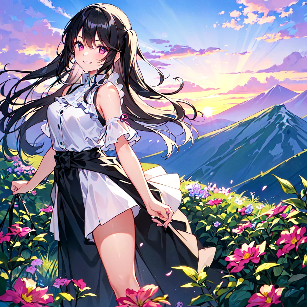 masterpiece, best quality, high quality, extremely detailed, very delicate and beautiful, (1 female 18 years old solo:1.5), (long black hair up to waist with two side up:1.5), bangs to eyebrows, eyes Eyes sharp and strong, glossy, eyebrows glossy, (eye color magenta:1.3), 6.5 head height, (summer mountaineering outfit:1.3), (smiling), (walking:1.3), (dynamic pose), (background summer mountain flowers forest:1.3) ,(sunset:1.3)