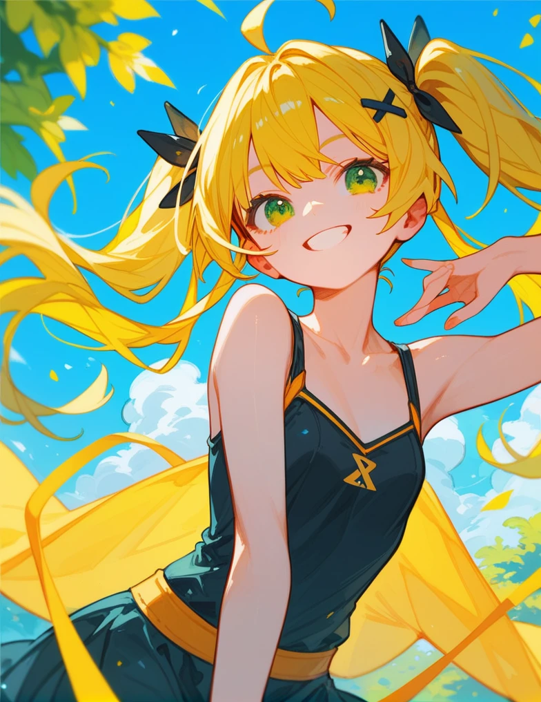 score_9_up,score_8_up,1girl, green eyes, twintails, yellow hair, smile