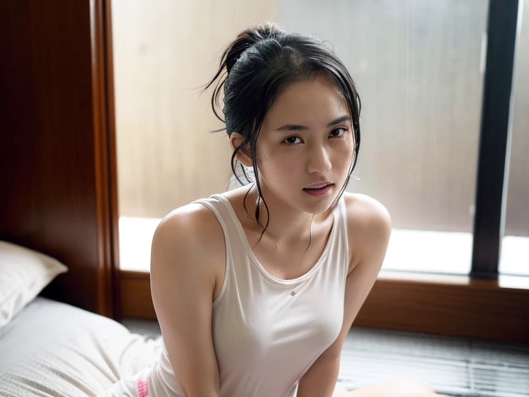 A yakuza girl is soaking wet in the rain in her room in the afternoon, sitting with her back to the camera but her face facing the camera. The clothes she is wearing are a tight casual tank top sexy, slightly naked. The photo is very detailed and cinematic.