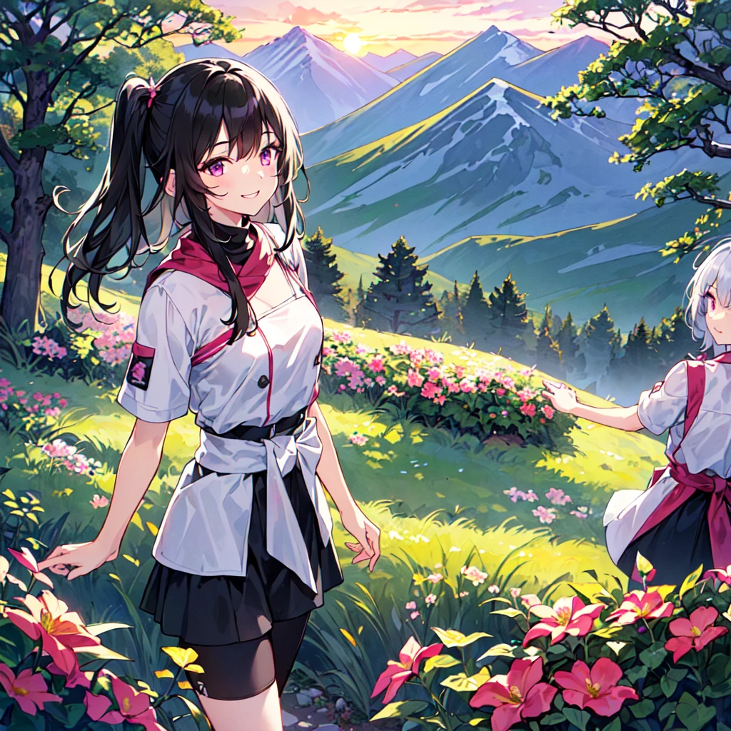 masterpiece, best quality, high quality, extremely detailed, very delicate and beautiful, (1 female 18 years old solo:1.5), (long black hair up to waist with two side up:1.5), bangs to eyebrows, eyes Eyes sharp and strong, glossy, eyebrows glossy, (eye color magenta:1.3), 6.5 head height, (summer mountaineering outfit:1.3), (smiling), (walking:1.3), (dynamic pose), (background summer mountain flowers forest:1.3) ,(sunset:1.3)