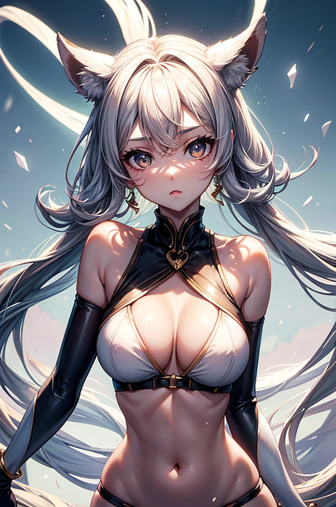 highest quality, ultra high resolution, super detailed, gorgeous, masterpiece, best quality, high resolution finely detailed, extremely beautiful, distinct image, Dolphin Shorts, Halter Neck Sports Bra, hourglass figure, 1 girl, 21 years old, soft and beautiful facial features, symmetrical face, golden colored eyes, innocent doe shaped eyes, DD-cup breasts, tall height(195cm), slim curvy body, flexible physiques, flowing snow-white hair, narrow waist, long legs, modern times background, snow-white skin, hip-level shot, snow-white feline tiger ears, white striped tiger tail protruding out her back