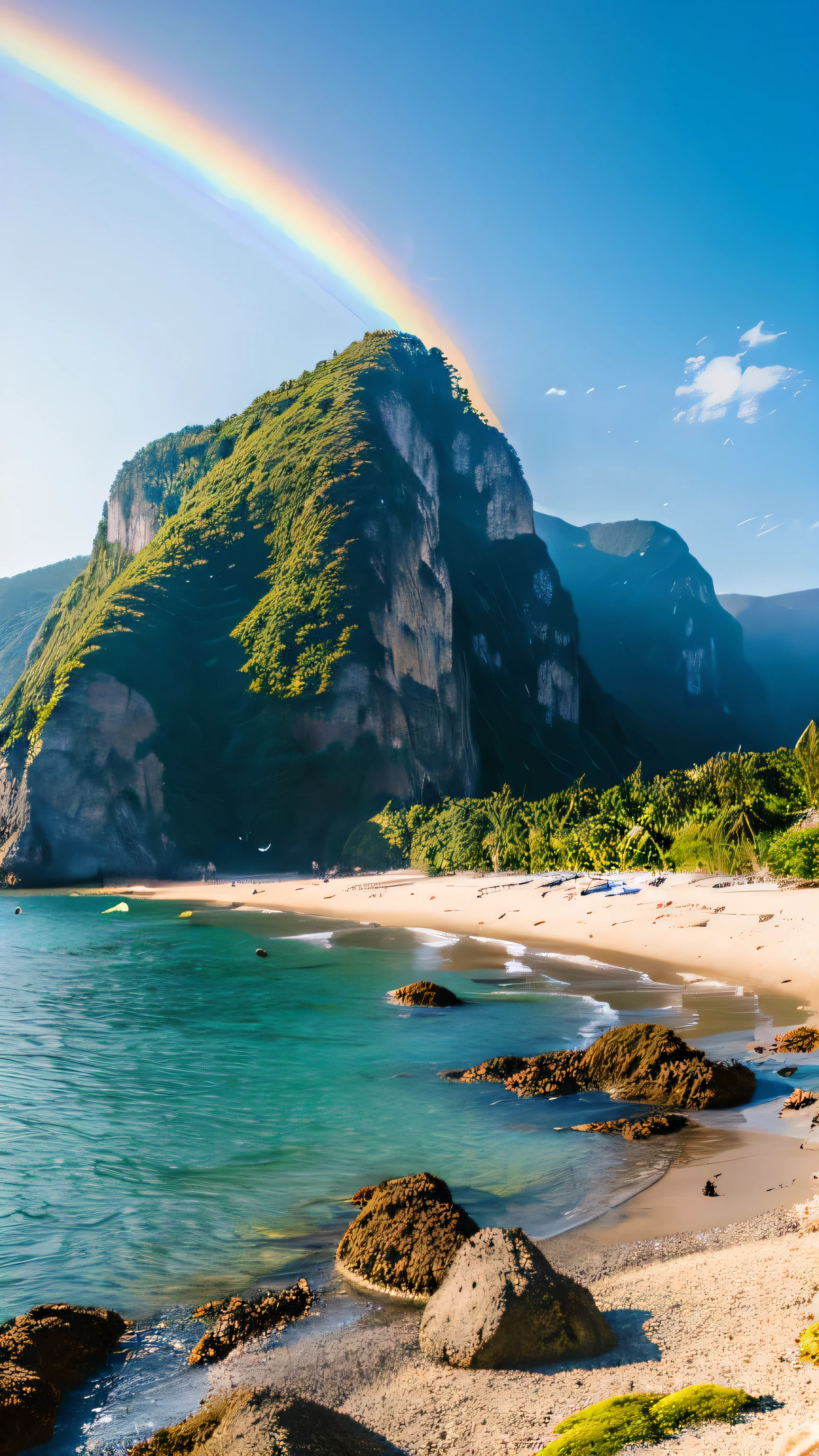 there is a rainbow in the sky over a beach with rocks and pebbles, seashore, Alpine Forest Landscape Photo,Steep mountain roads,Clear and transparent lake,wood,Bushes,Fallen leaves,Dawn Sun,kasumi,Cliffs and mountains,Dilapidated,,cold,Foggy sky,Not a dazzling morning sun,Nightmare vision,Dark fantasy plot,Perfect and excellent composition,8K resolution,detailed,restricted,close ultra-wide angle shot,Realistic,Beautiful sky,Colorful clouds float,True to life, The private parts are clearly visible, Perfect perfection, Digital single-lens reflex camera, 1024, 2048, 4096, Detailed, sharp, Best Quality, high quality, absurdists,Unattended background,Very detailed、Detailed lighting shadows,Art Station Trends、Complex、expensivedetailed、dramatic、(Volumetric Lighting:1.2)HDR shot。(close,Super Depth of Field,Ultra Wide Angle,Microfocal Lenses:1.2)(Realistic:1.4)Masterpiece、expensive、expensive quality、beautiful photo,Global illumination magical beach, sunny rainbow galaxy stormy sea, by Igor Grabar, colorful hd picure, near the seashore, rainbow reflections, just one rainbow 8 k, beach landscape, still of rainbow ophanim, calm vivid colors, by Marie Bashkirtseff, beautiful beach