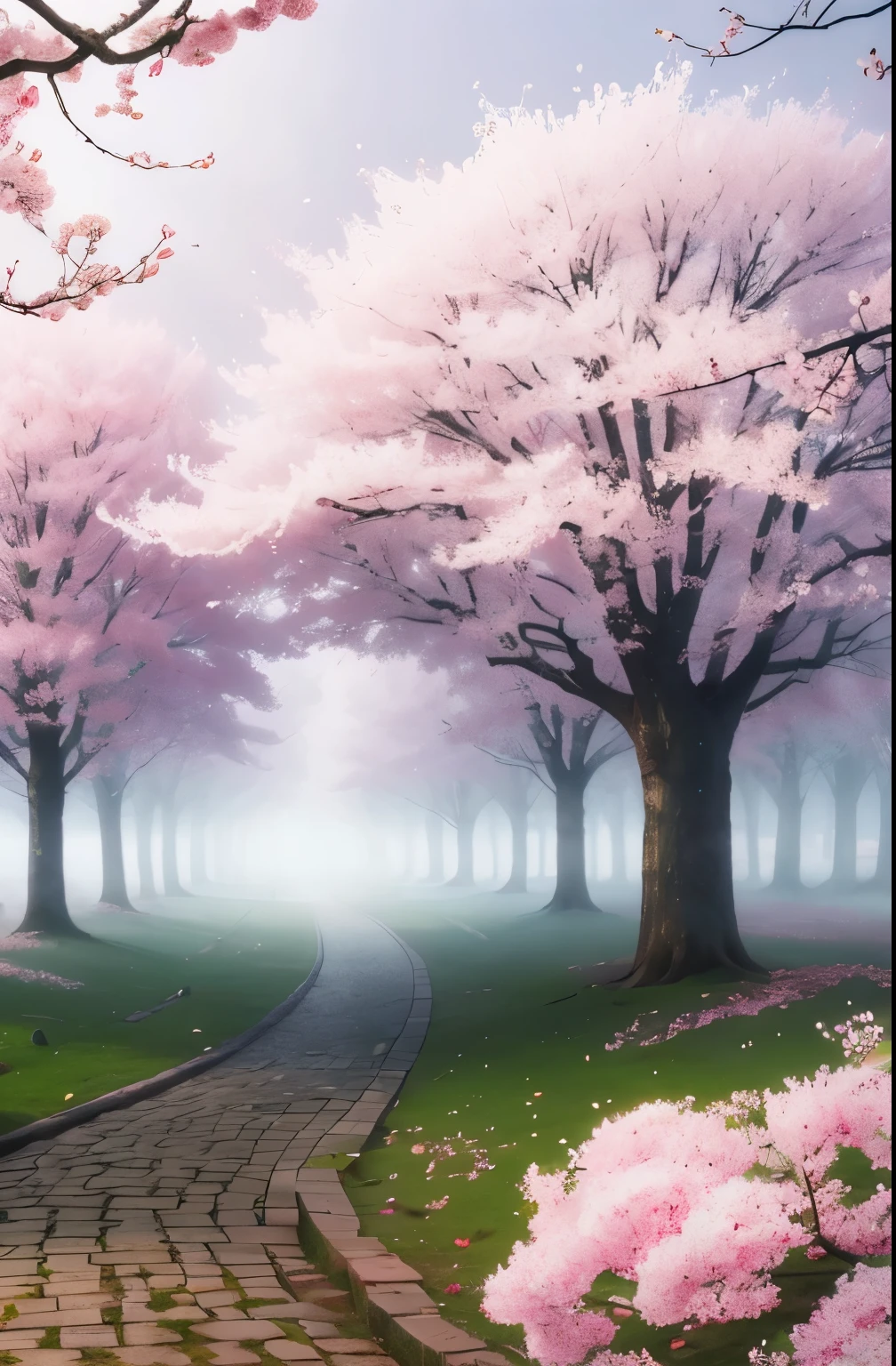 there is a tree with pink flowers in the foggy area, a photo by Cheng Jiasui, flickr, romanticism, extremely beautiful and ethereal, spring early morning, misty garden, incredibly ethereal, cherry blossom forest, cherry blossom, cherry blossoms, flowers and trees, detailed trees in bloom, cherry blossom tree, cherry tree in the background, very ethereal, beautiful!!!!!!!!!