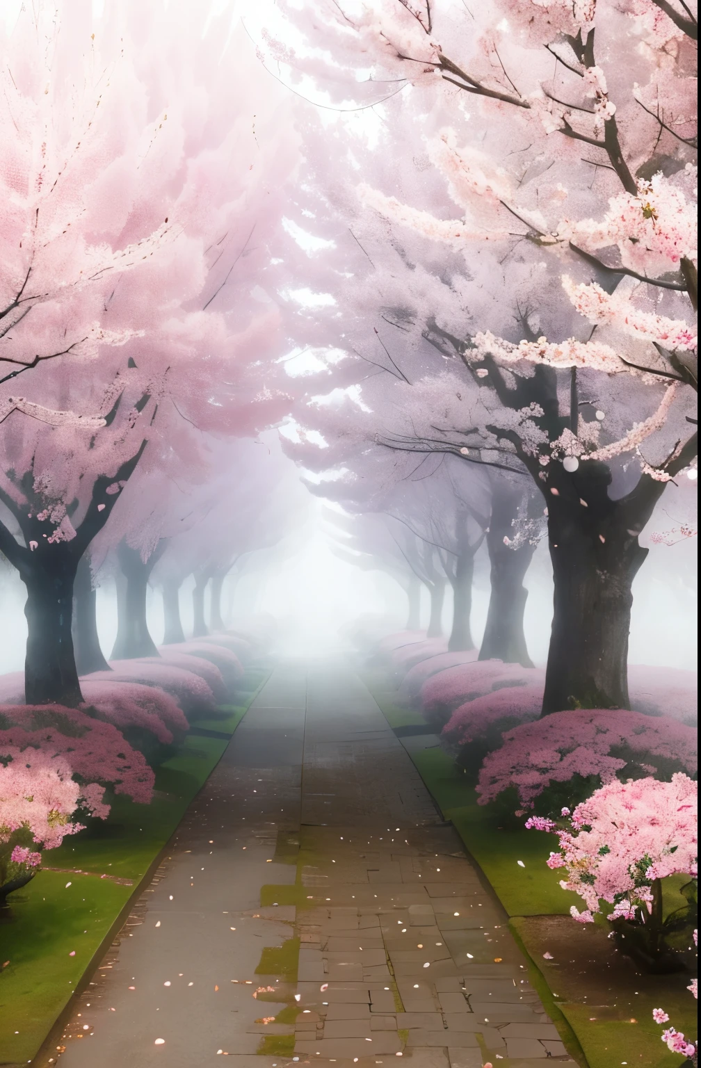 there is a tree with pink flowers in the foggy area, a photo by Cheng Jiasui, flickr, romanticism, extremely beautiful and ethereal, spring early morning, misty garden, incredibly ethereal, cherry blossom forest, cherry blossom, cherry blossoms, flowers and trees, detailed trees in bloom, cherry blossom tree, cherry tree in the background, very ethereal, beautiful!!!!!!!!!