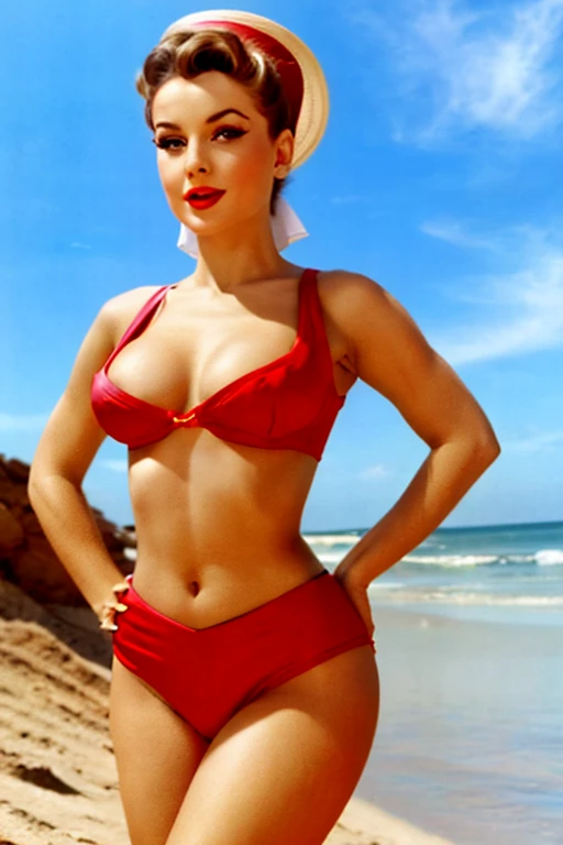 babara eden, hot, sexy, sexy body, gorgeous,dressed as genie, 1950's era, sexy 2 piece outfit, exposed midriff, pinup photo, pinup art, detailed, masterpiece, hi-res, high accuracy,