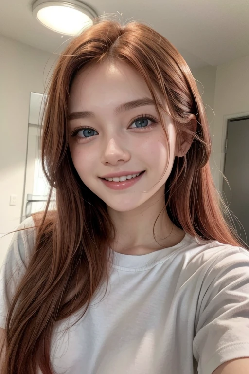young looking girl of 22 years, Long hair, redhead, happy smile, grey eyes, pink shirt, that has imperfections