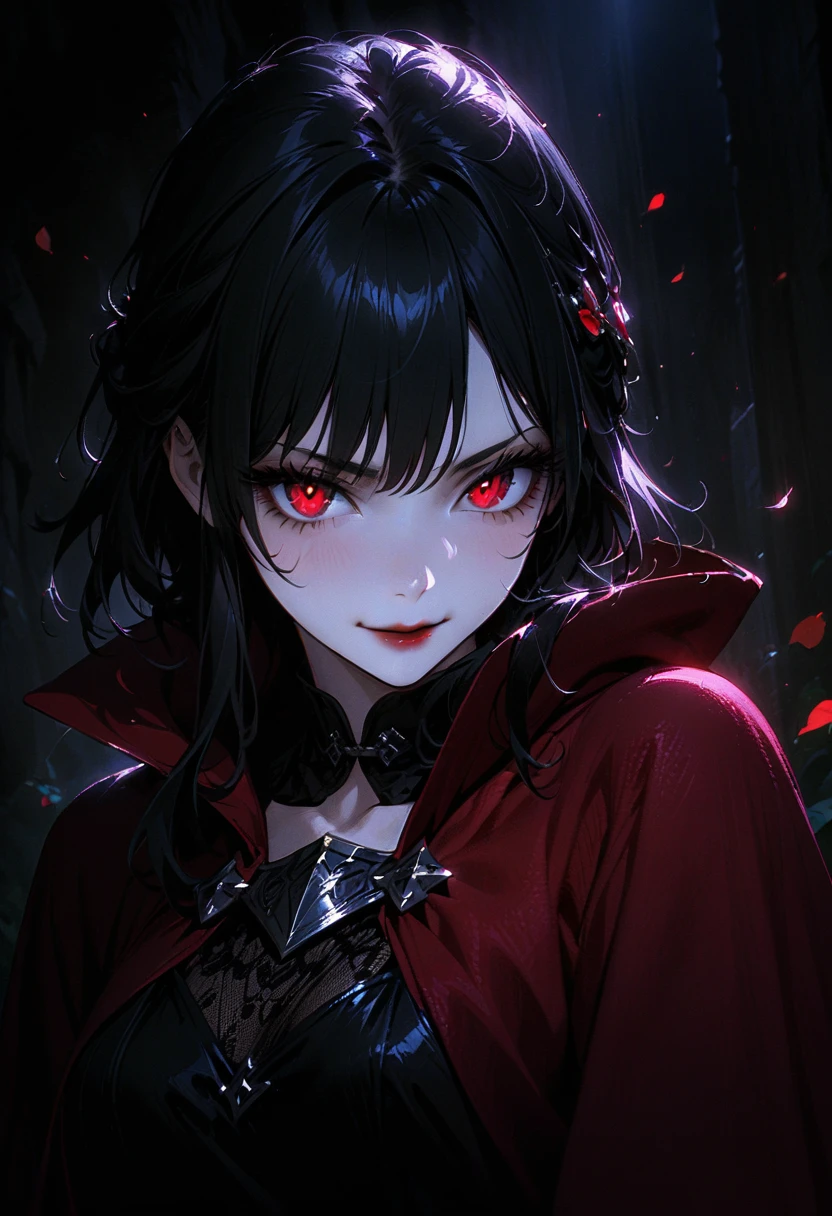 (full body portrait), 1girl, solo, holding weapon, sword, (long black hair), detailed face, mischief expression, smirk, pale white skin, red eyes, (detailed eyes), long eyelashes, (black eye liner), red lipstick, black tunic, red cloak, long dress, leather glove, (chest armor), moonlight, hard lighting, blue light, cold light, (rose pedals falling), (medieval theme), (masterpiece), super detailed, best quality, POV, dw01-3400