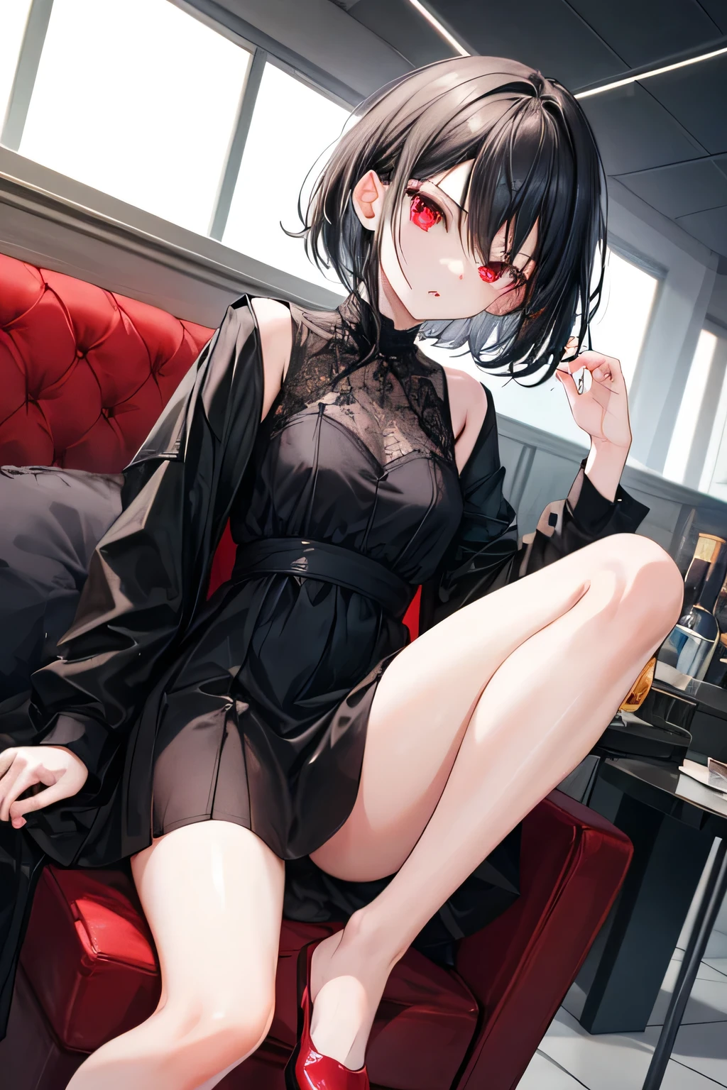 girl sitting on a chair. Eyes look our way. Aggressive look, arrogant. The girl is wearing a dark dress. dark short hair, Red eyes, teenager.