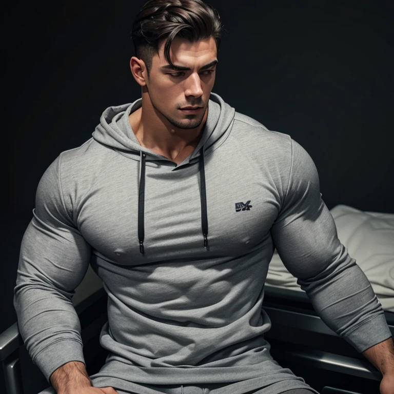 a very handsome young man, massively muscular, with massively large muscles, with massively large biceps, with massively large muscular arms, wearing a simple gray sweatshirt with long sleeves, lying on a hospital gurney on a black background, seen from above