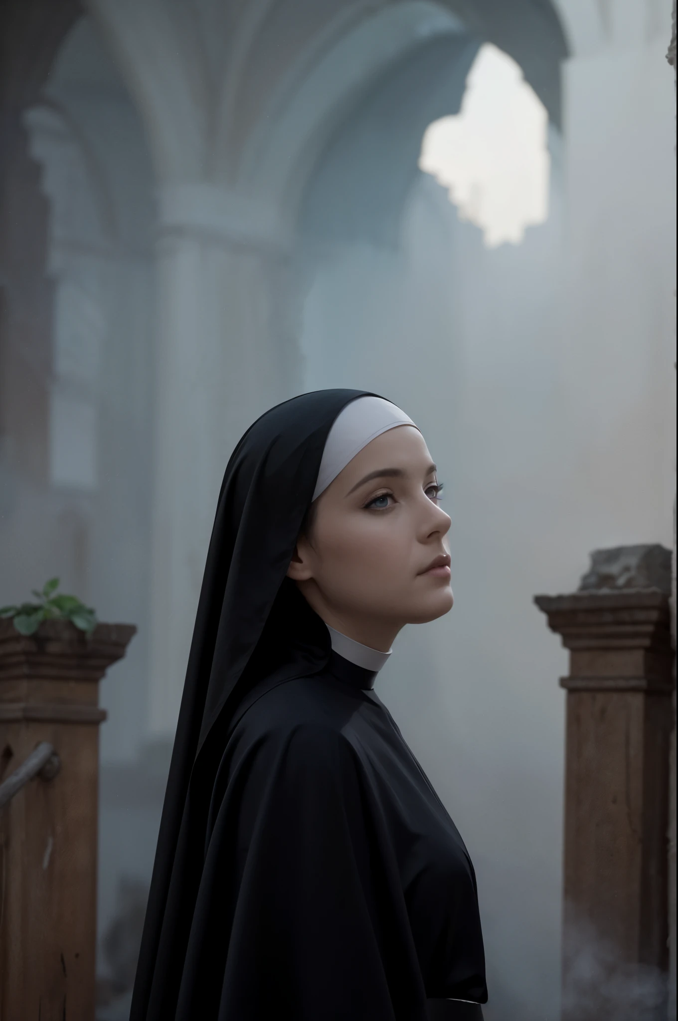 Masterpiece, (a half body shot:1.3), (A beautiful catholic 68 years old nun girl is in the foreground, ultra realistic face, ultra detailed face:1.4), her silhouette stark against the dimly lit backdrop of the ruined abbey. (Wisps of fog swirl around her feet, adding to the sense of isolation and vulnerability:1.2). The abbey itself looms ominously behind her, its once-grand architecture now reduced to decaying ruins. Shadows play tricks on the eye, suggesting hidden figures or lurking dangers within the mist. The overall atmosphere is one of dread and impending peril, as the nun braces herself for whatever horrors the dawn may bring, 8K, ultra high res.photorealistic, UHD