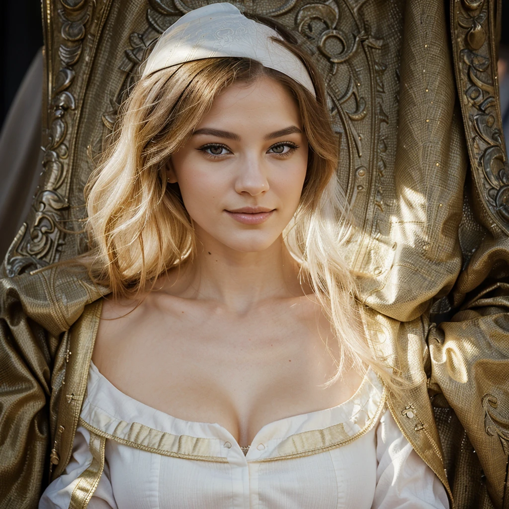 smirk, regard de face, belle femme, jolie visage, bau coprs, belle robe blanche avec un liseré jaune, ((Place saint Pierre)), (au Vatican)
