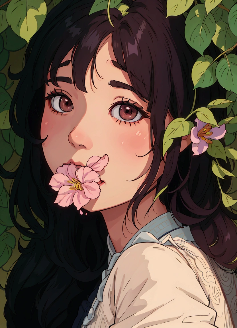 (best quality:0.8) perfect anime illustration, arafed asian woman with a flower in her mouth, jinyoung shin, jaeyeon nam, with flowers, ulzzang, kim doyoung, lovely delicate face, heonhwa choe, young cute wan asian face, seseon yoon, young asian girl, shikamimi, chiho, with frozen flowers around her, with cute - fine - face
