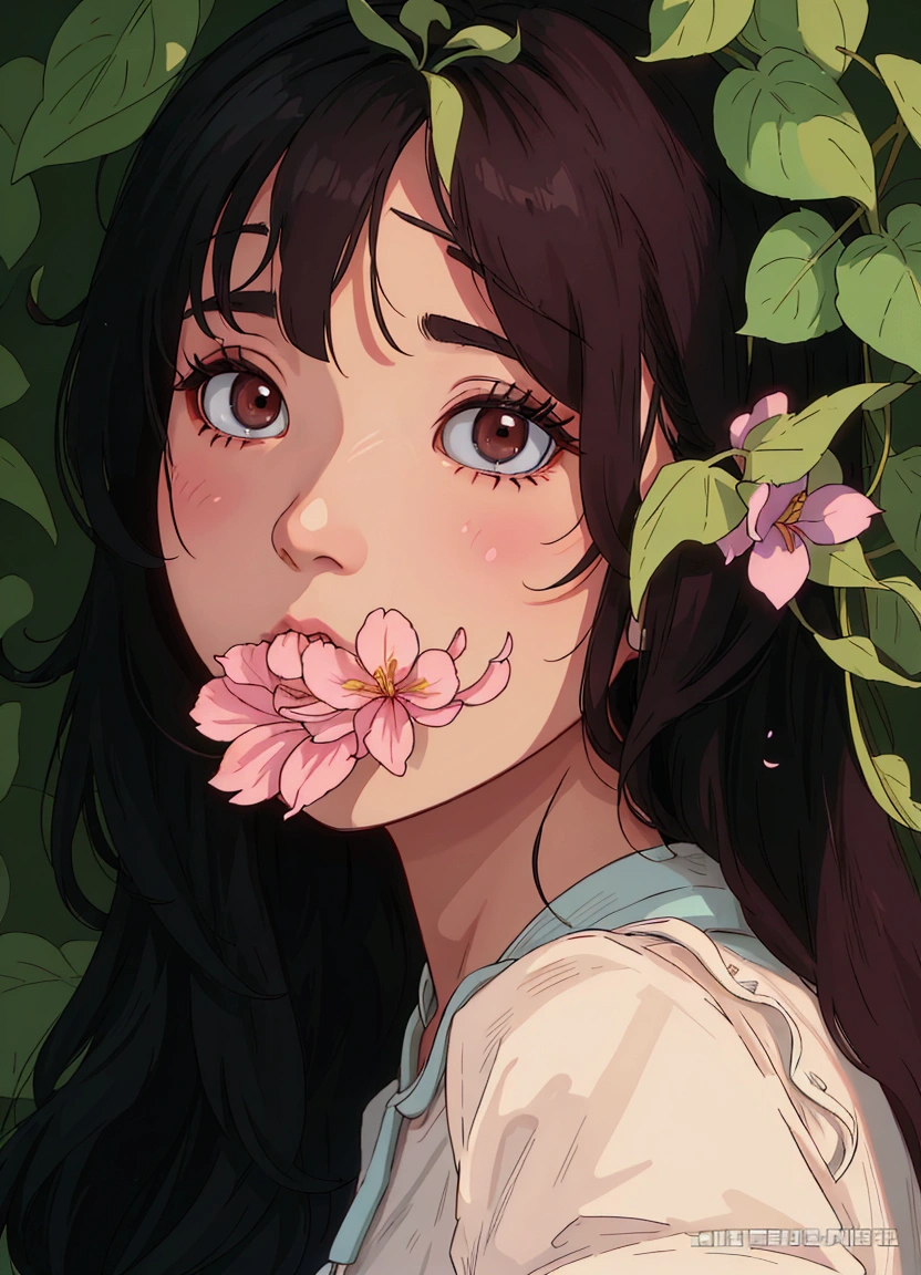 (best quality:0.8) perfect anime illustration, arafed asian woman with a flower in her mouth, jinyoung shin, jaeyeon nam, with flowers, ulzzang, kim doyoung, lovely delicate face, heonhwa choe, young cute wan asian face, seseon yoon, young asian girl, shikamimi, chiho, with frozen flowers around her, with cute - fine - face