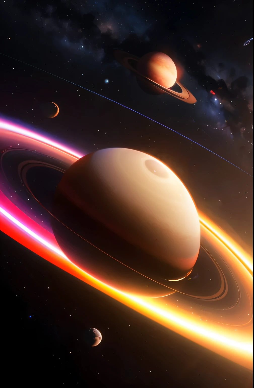 a red saturn with a ring in the sky, a digital rendering by Alexander Kucharsky, flickr, space art, planet with rings, ringed planet in the sky, saturn in the background, big disc of planet, orbiting a gas giant planet, in honor of saturn, planet saturn, over looking saturn, saturn in the sky, large planet in the background