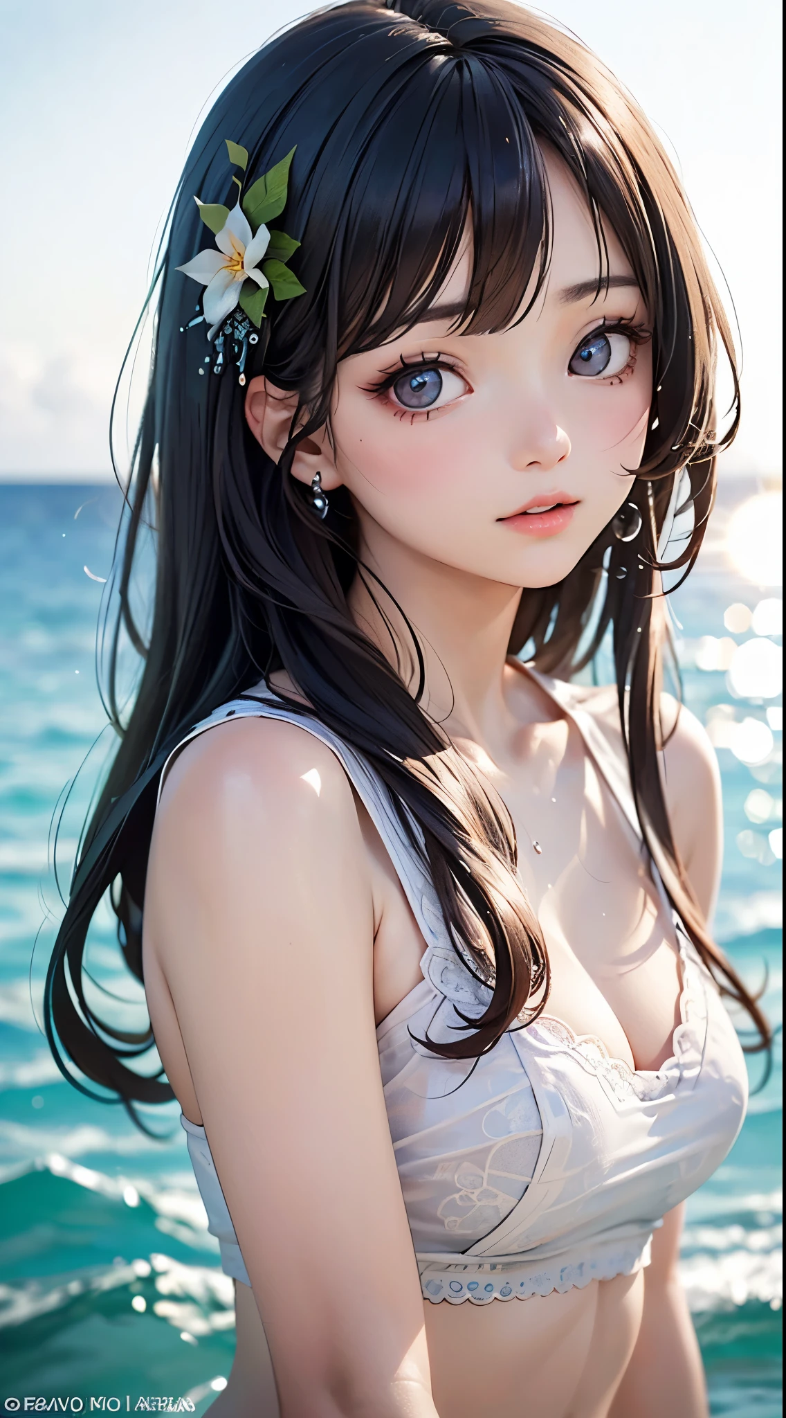 dready (A girl with beautiful detailed eyes. The depth of field in the photo is perfect and the lens flare adds a nice touch. The fine details on her face really stand out, score because of this photo Definitely greater than 10. In the background, there is a beautiful ocean with clear water and water droplets on the surface,hi fantasy