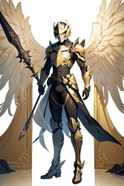 angel exoskeleton armor helmet with cross symbol templars gold color with a spear in hand full body facing the viewer white background