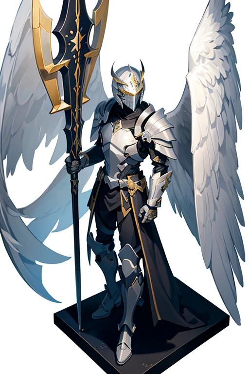 angel exoskeleton armor helmet with cross symbol templars gold color with a spear in hand full body facing the viewer white background