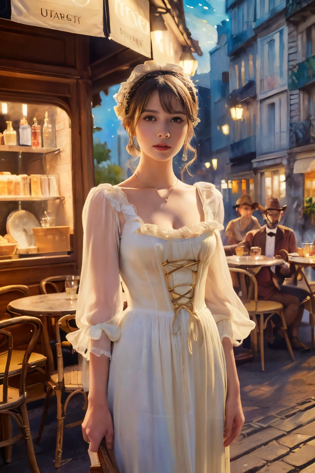 ((masterpiece:1.4, Highest quality)), (Realistic photos:1.4), (Artwork),
((1 girl)), (Otherworldly beauty), (dream-like),
(超High resolution:1.2), Very delicate and beautiful, wonderful, Very detailed CG Unity 8k wall paper, Very detailed, High resolution,
Soft Light, Beautiful detailed girl, Very detailed eyes and face, Beautiful and detailed nose, Beautiful and detailed,
(Dressed in late 19th century French costume:1.3), (In front of the cafe at night:1.3),
Cinema Lighting, Perfect Anatomy, Slender body, (Parted bangs),
(The world of impressionist painting:1.5), (Impressionist light and colour), (「Cafe terrace at night」),
Cowboy Shot