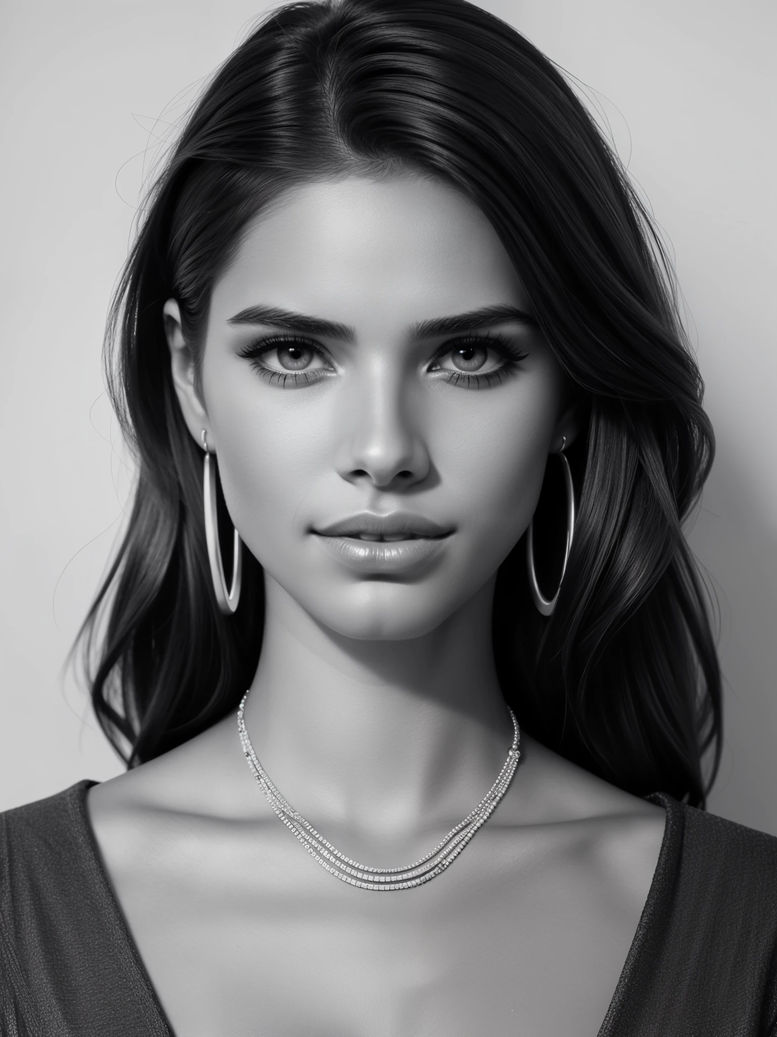 makeup, mascara, black and white, woman 25 years old, stylish, Clean, sharp designs, charcoal drawing, portrait, headshot, beautiful woman, earring, necklace, portrait, pencil drawing portrait, sara sampaio, renee murden