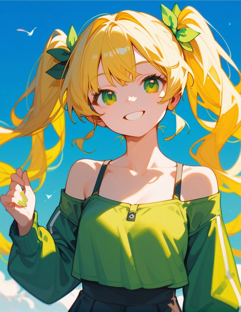 score_9_up,score_8_up,1girl, green eyes, twintails, yellow hair, smile