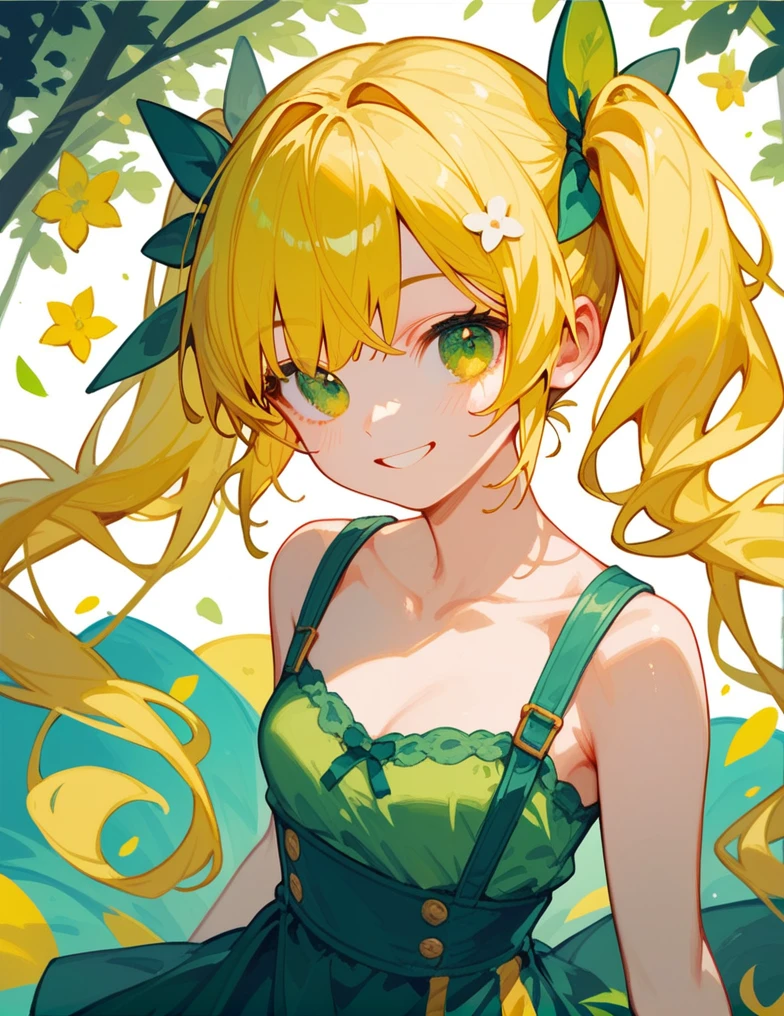 score_9_up,score_8_up,1girl, green eyes, twintails, yellow hair, smile