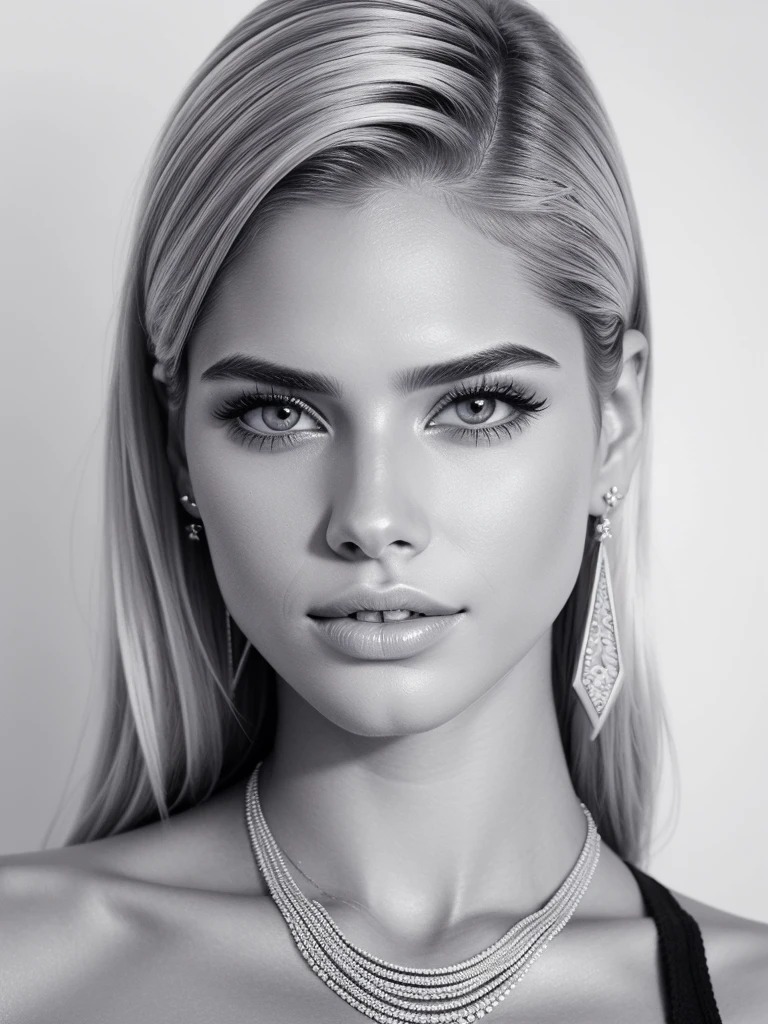 makeup, mascara, black and white, woman 25 years old, stylish, Clean, white hair, sharp designs, charcoal drawing, portrait, headshot, beautiful woman, earring, necklace, portrait, pencil drawing portrait, sara sampaio, renee murden