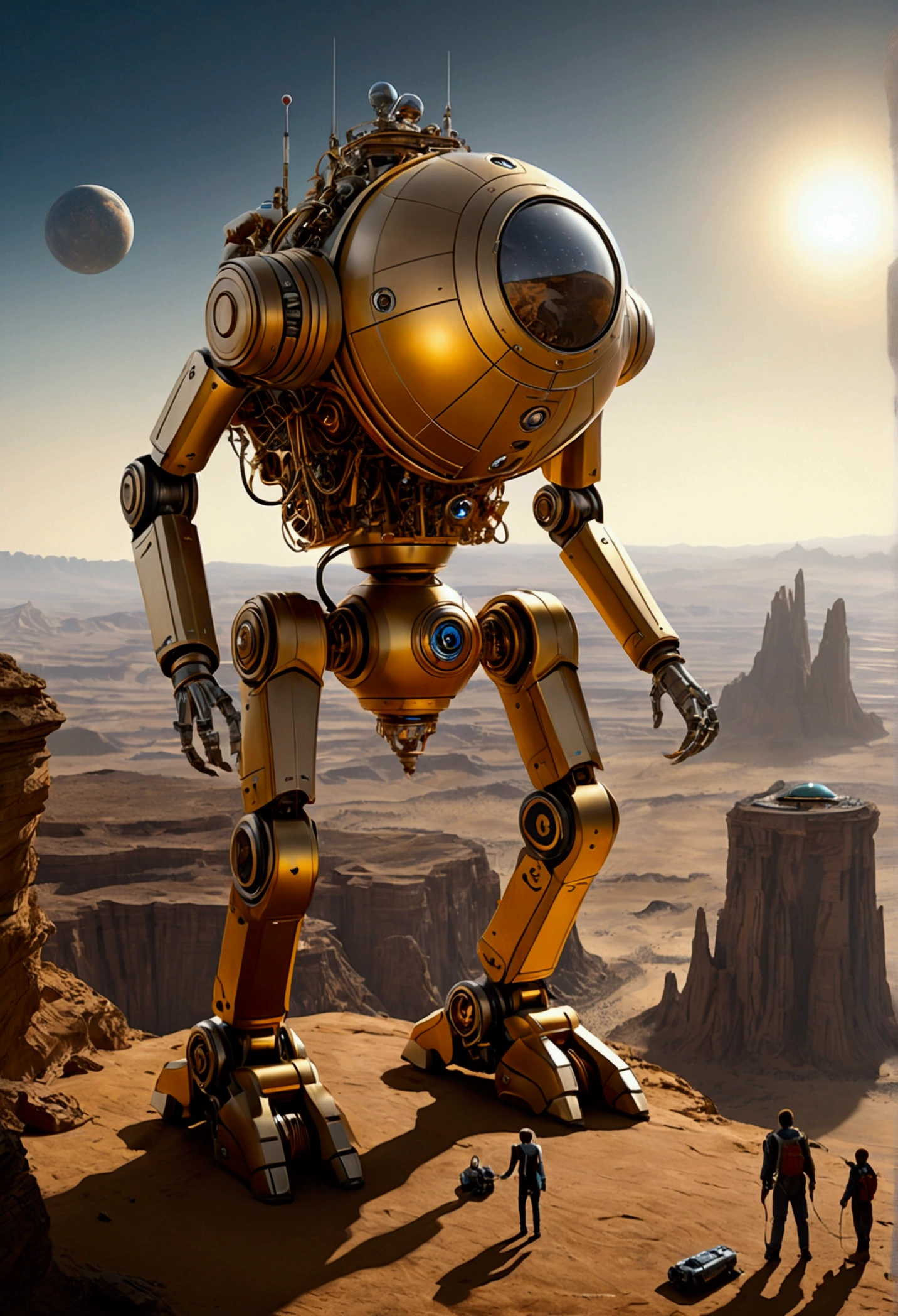 (Mechanical Creature, Mechanical body:1.2), On a distant planet, a mechanical traveler stands at the edge of a cliff. Its body structure is similar to that of a human, but every part is composed of precision mechanical parts. The backpack behind it is filled with unknown devices and technologies. On the distant horizon is a strange landscape, with several satellites floating in the sky. The sun is about to set, dyeing the entire planet golden, and mechanical travelers are preparing to embark on a new exploration journey, captivating chiaroscuro, dynamic movement, full body, award-winning, cinematic still, emotional, vignette, dynamic, vivid, (masterpiece, best quality, photorealistic, Professional, perfect composition, very aesthetic, absurdres, ultra-detailed, intricate details:1.3)