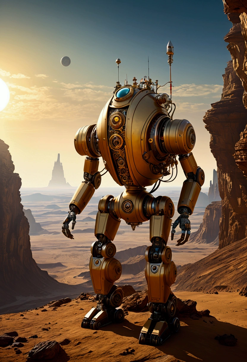 (Mechanical Creature, Mechanical body:1.2), On a distant planet, a mechanical traveler stands at the edge of a cliff. Its body structure is similar to that of a human, but every part is composed of precision mechanical parts. The backpack behind it is filled with unknown devices and technologies. On the distant horizon is a strange landscape, with several satellites floating in the sky. The sun is about to set, dyeing the entire planet golden, and mechanical travelers are preparing to embark on a new exploration journey, captivating chiaroscuro, dynamic movement, full body, award-winning, cinematic still, emotional, vignette, dynamic, vivid, (masterpiece, best quality, photorealistic, Professional, perfect composition, very aesthetic, absurdres, ultra-detailed, intricate details:1.3)
