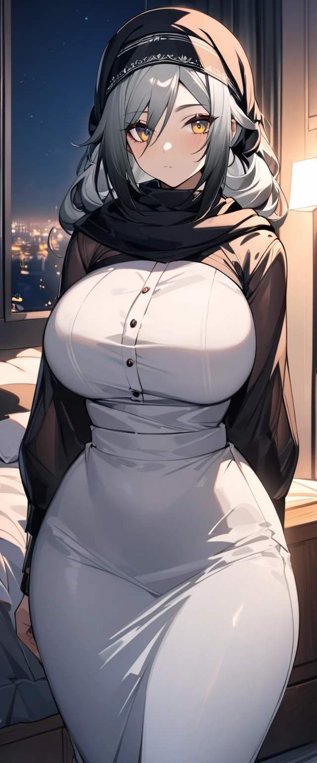 Schwarz(Arknights),grey hair,curvy body, wearing clothes(Muslim attire),wears headscarf(hijab),bedroom, night setting,close view.