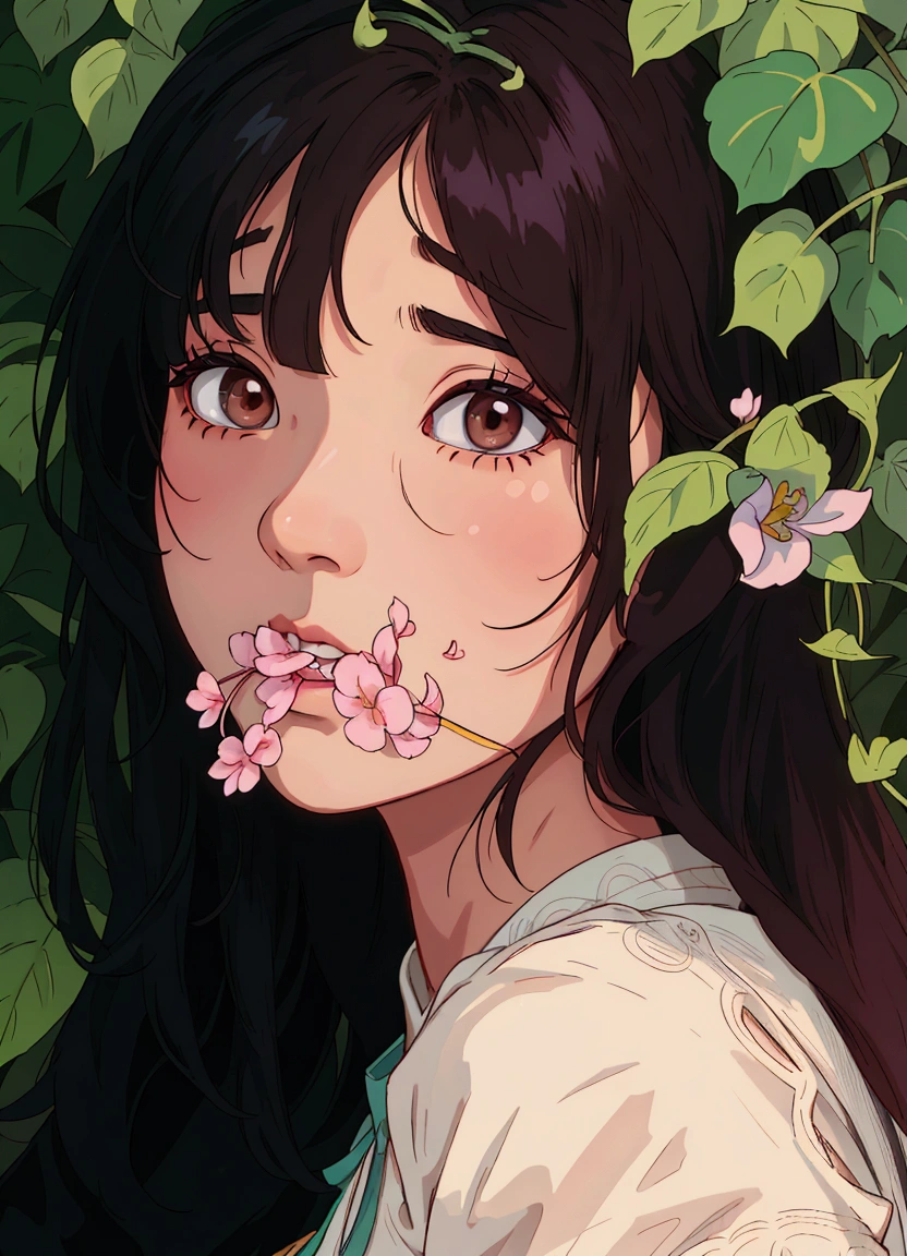 (best quality:0.8) perfect anime illustration, arafed asian woman with a flower in her mouth, jinyoung shin, jaeyeon nam, with flowers, ulzzang, kim doyoung, lovely delicate face, heonhwa choe, young cute wan asian face, seseon yoon, young asian girl, shikamimi, chiho, with frozen flowers around her, with cute - fine - face