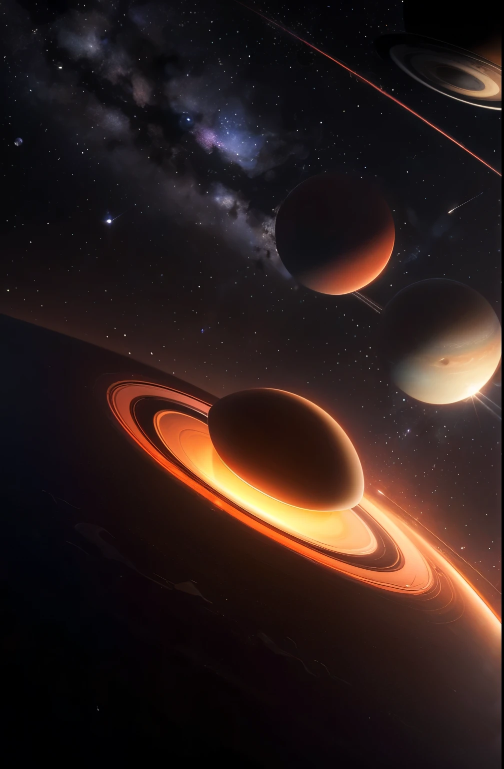 a red saturn with a ring in the sky, a digital rendering by Alexander Kucharsky, flickr, space art, planet with rings, ringed planet in the sky, saturn in the background, big disc of planet, orbiting a gas giant planet, in honor of saturn, planet saturn, over looking saturn, saturn in the sky, large planet in the background