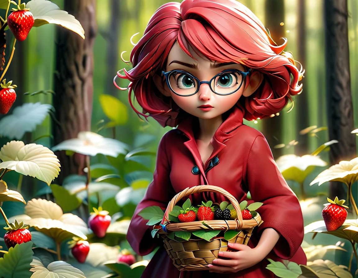 A blonde woman with short hair and glasses and a beautiful body, big breasts, thin waist, wide hips with. Red coat and a basket that is full of strawberries blackberries franberry walking in a forest under the rays of the sun in the morning 