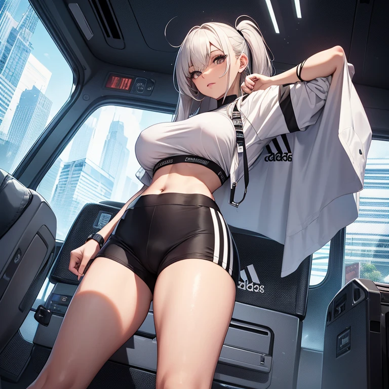 Yinlin from wuthering waves wearing tight fitting clothes, she wears black shorts, a white blouse with the adidas logo, has big tits, and a big ass,