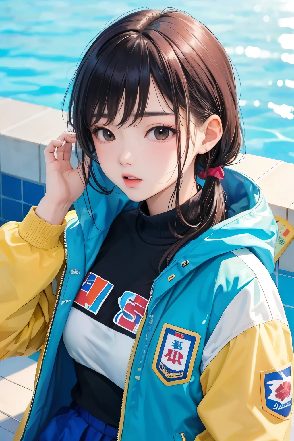 Korean neatly girl, (18 years old), in the pool, noon, sunny, jacket, arrogant expression, (above view), (masterpiece, best quality, extremely detailed),