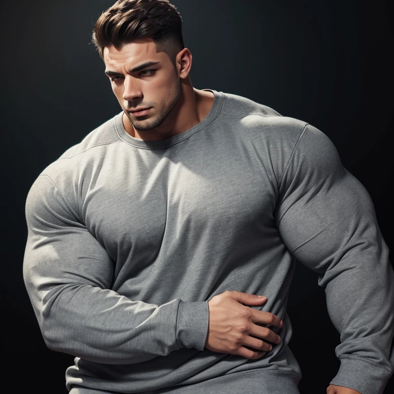 a very handsome young man, massively muscular, with massively large muscles, with massively large biceps, with massively large muscular arms, wearing a simple gray sweatshirt with long sleeves, on a black background